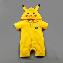 一件代发热销婴儿服装短袖连帽皮卡丘宝宝哈衣 黄色连体衣