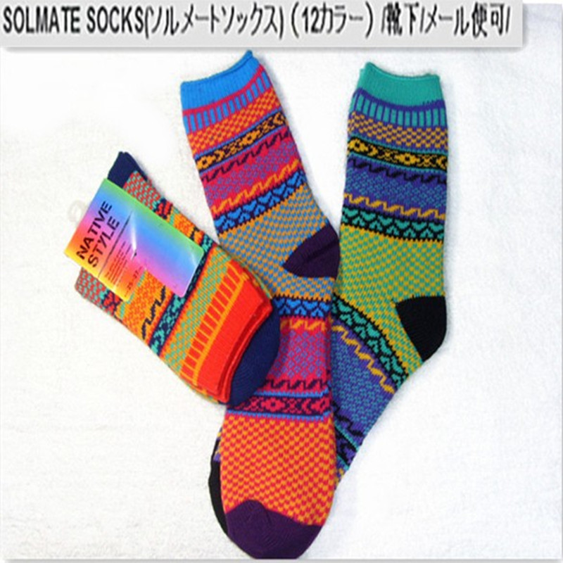 粗针织法民族风加厚棉袜 日系休闲袜 原宿风粗棉潮流图腾复古男袜