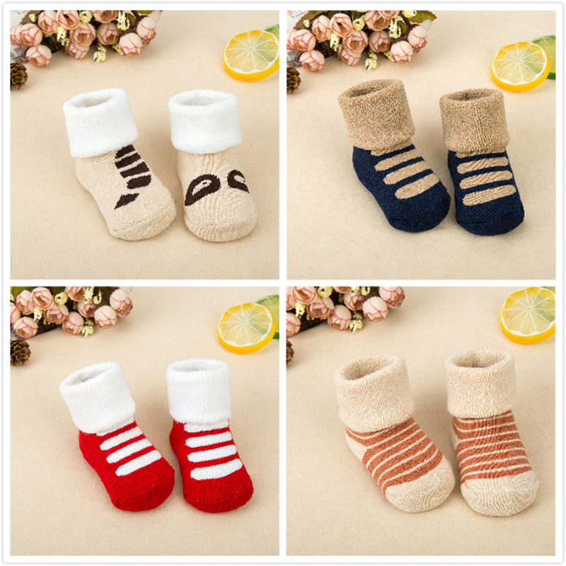 korean style asymmetric children terry-loop hosiery wholesale 0-3 years old cartoon baby‘s socks winter thickened cotton baby socks