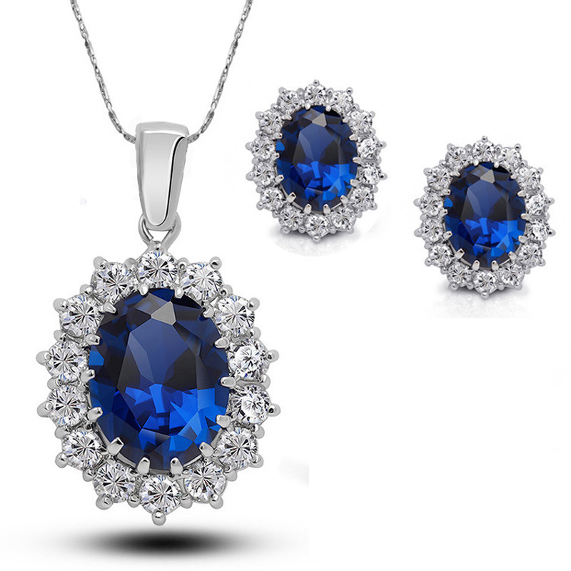 European and American High-End Diamond Sapphire Royal Princess Same Style Stud Earrings Necklace Set Cross-Border Jewelry Hot 3625