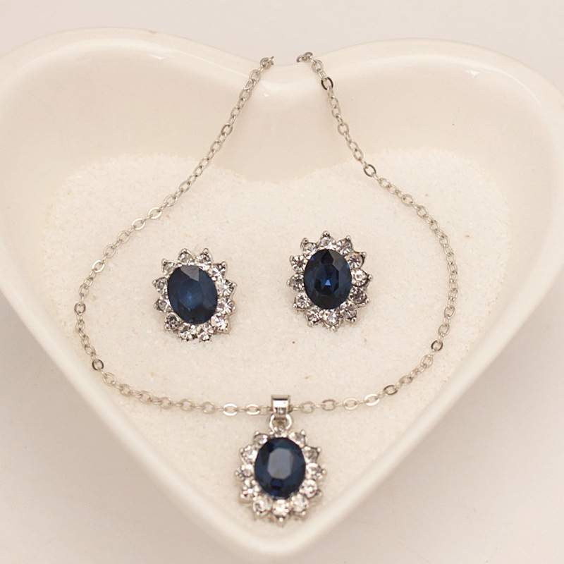 European and American High-End Diamond Sapphire Royal Princess Same Style Stud Earrings Necklace Set Cross-Border Jewelry Hot 3625