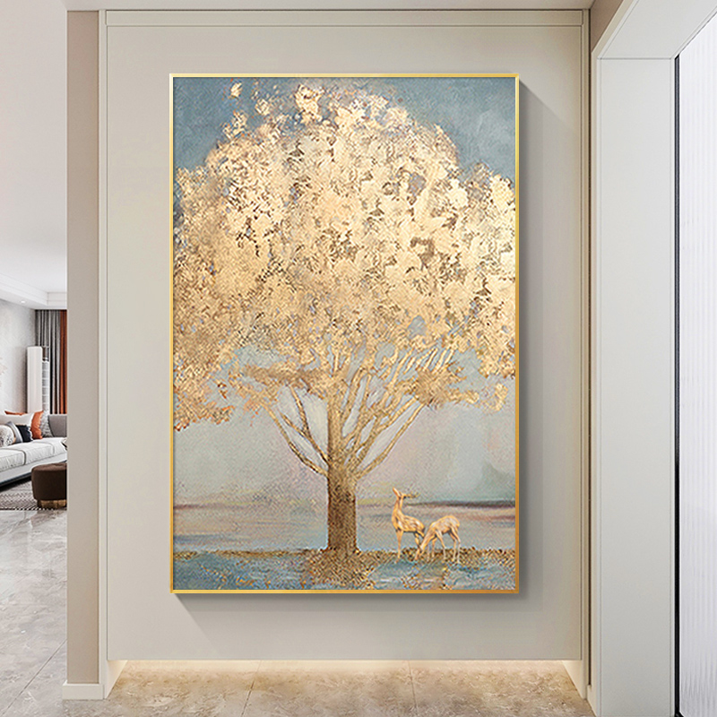 手绘发财树油画现代轻奢抽象入户玄关装饰画美式金箔客厅壁画挂画