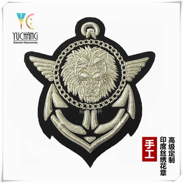 高档银色印度丝手工绣花徽章金属铜丝刺绣肩章臂章来图来样设计