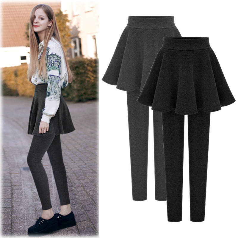 Autumn and Winter Pants Women's Outer Leggings Fleece-lined Thickened Pleated Pantskirt Autumn Winter False-Two-Piece Warm-Keeping Pants plus Size Women's Pants