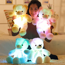 跨境七彩发光彩虹色泰迪熊公仔丝带夜光小熊玩偶儿童LED灯领结熊