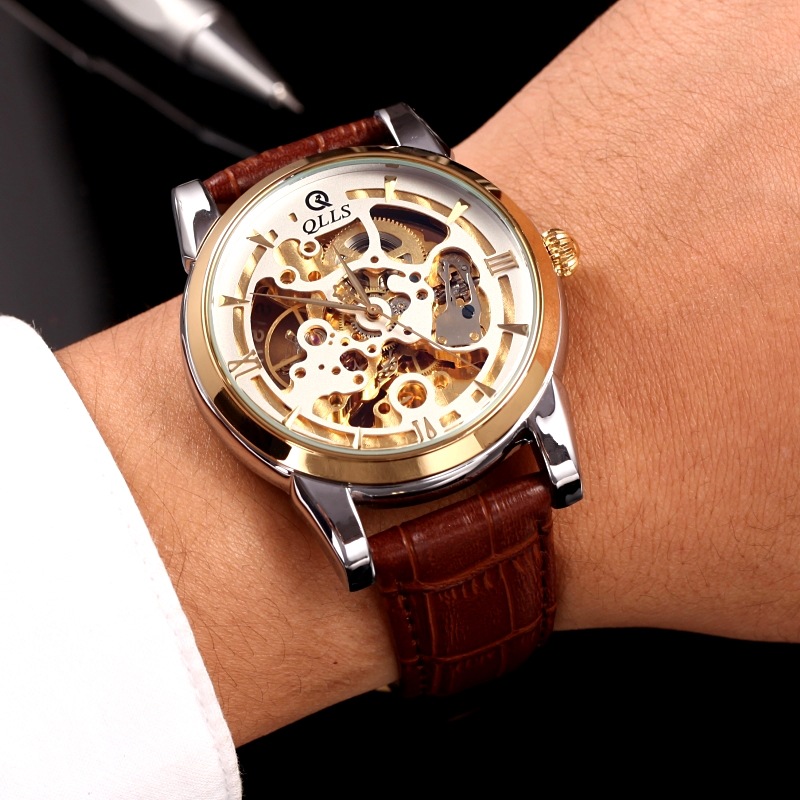 qlls奇诺时商务手表男士全自动机械表防水时尚镂空男表带男式腕表