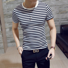 男士短袖T恤日系潮流韩版条纹圆领打底衫修身夏季潮牌港仔风批发