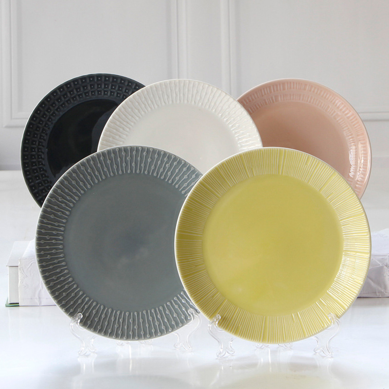 创意简约彩色陶瓷圆盘子家用菜盘子西餐盘浮雕纹路牛排盘