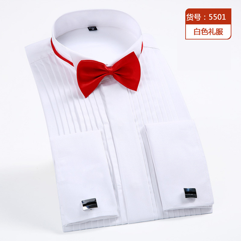 2024 New Tuxedo Stand Collar Wedding Dress Shirt Men's White French Cufflinks Groom Plus Size Men's Long Sleeve Shirt With Free Tie