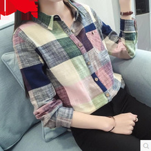 春季棉麻长袖韩国设计感小个子清新文艺百搭彩色格子衬衣女式衬衫
