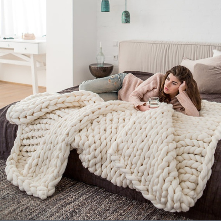 New Super Coarse Yarn Blanket Arm Knitted Blanket Hand-Woven Wool Blanket Sofa Iceland Yarn Cover Blanket