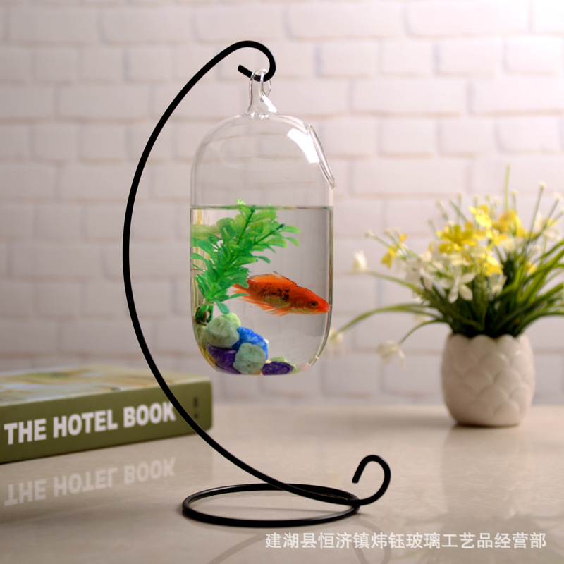 吊挂悬挂铁架玻璃鱼缸花瓶 小玻璃创意迷你水族桌面水培鱼缸