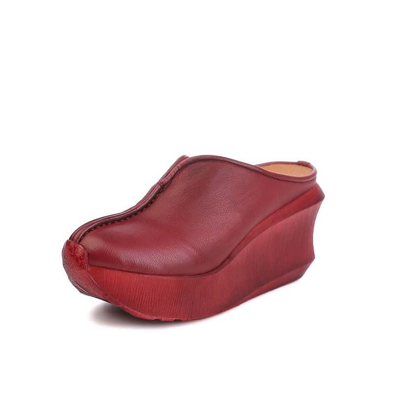 2022 Summer Hot Women's Slippers Sandals Genuine Leather Thick Bottom Platform Heel Mid Heel Toe Box Casual Half Slippers Wholesale