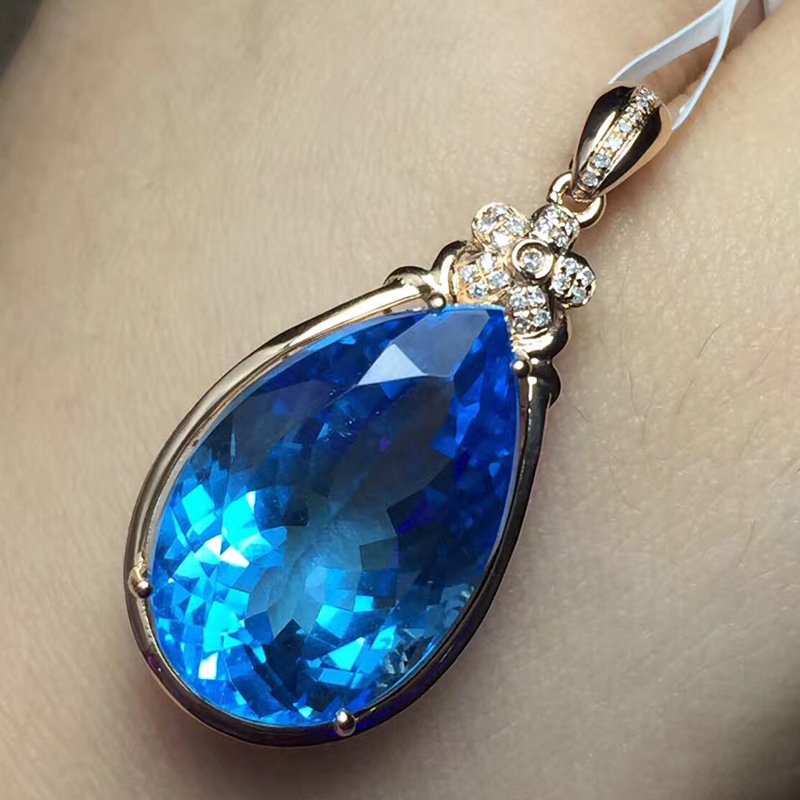 水滴形天然托帕石吊坠18k金 瑞士蓝托帕石项链女生礼物 配证书