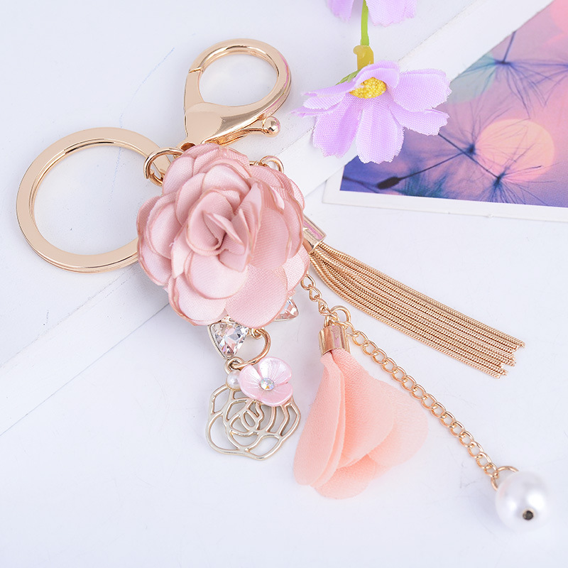Korean Style Fresh Fabric Small Flower Tassel Car Key Ring Creative Bag Pendant Exquisite Ornaments Wholesale