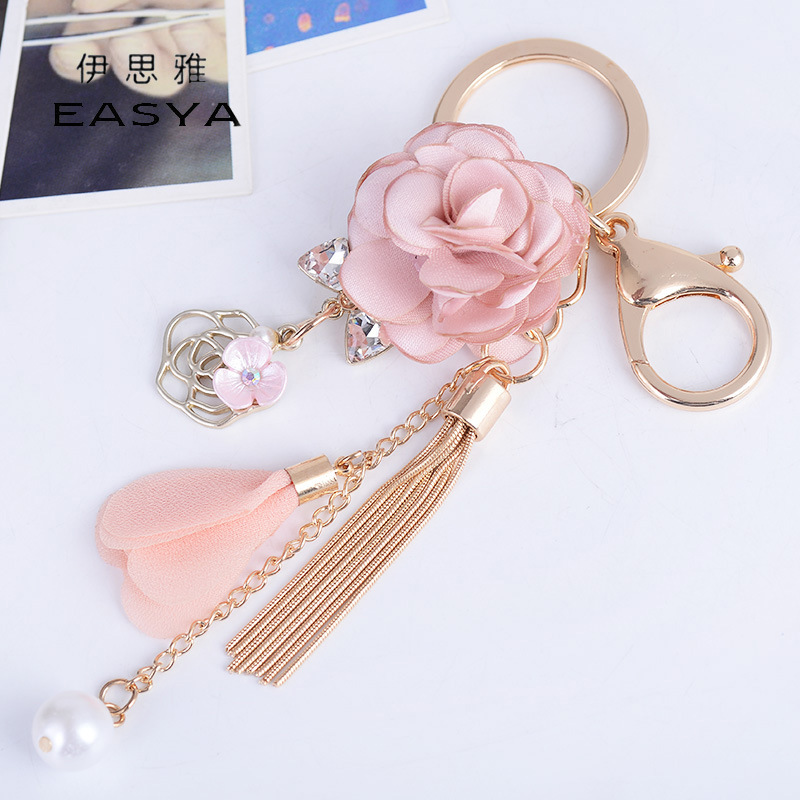 Korean Style Fresh Fabric Small Flower Tassel Car Key Ring Creative Bag Pendant Exquisite Ornaments Wholesale