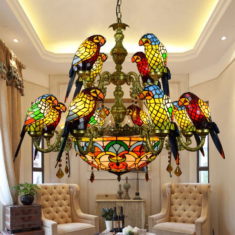 欧琈蒂凡尼复古艺术彩色玻璃鹦鹉吊灯酒吧餐厅客厅小鸟灯琉璃灯饰