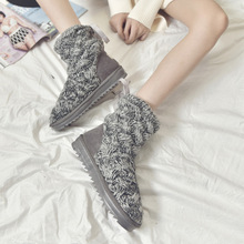 雪地靴女创意韩版学生针针织毛线加绒加厚防滑冬高筒灰色批发棉鞋