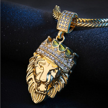 男士狮子头新款欧美镶钻嘻哈爆款镀金hiphop吊坠 皇冠狮子头项链