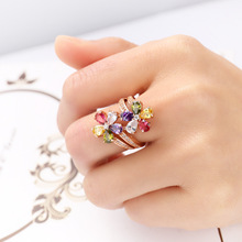 跨境亚马逊流行款饰品 欧美时尚女士创意彩色锆石花朵手饰戒指女
