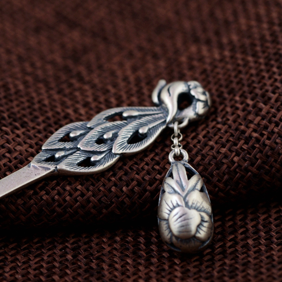 金鹿王s925银复古工艺银头饰配饰批发女款双面凤穿牡丹银簪子发簪