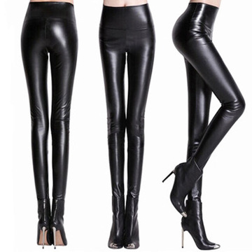 韩秀姿外贸高腰皮裤打底裤pu紧身长裤仿皮裤子女显瘦外穿薄款