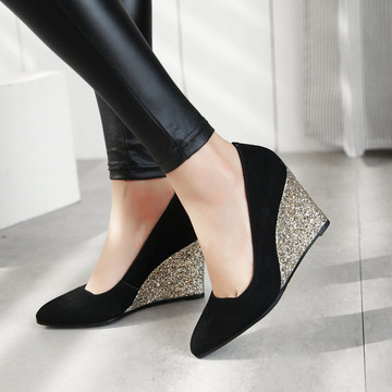 外贸春秋季新款百搭女单鞋尖头浅口坡跟鞋女式单鞋磨砂皮高跟