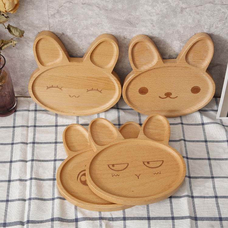 Wooden Children's Dinner Plate Joy and Sorrow Bugs Bunny Grid Beech Breakfast Plate Creative Tableware Meal Tray Dim Sum Plate