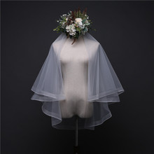短款双层头纱带发梳弹力硬网边婚纱配件白色面纱新娘婚礼配饰
