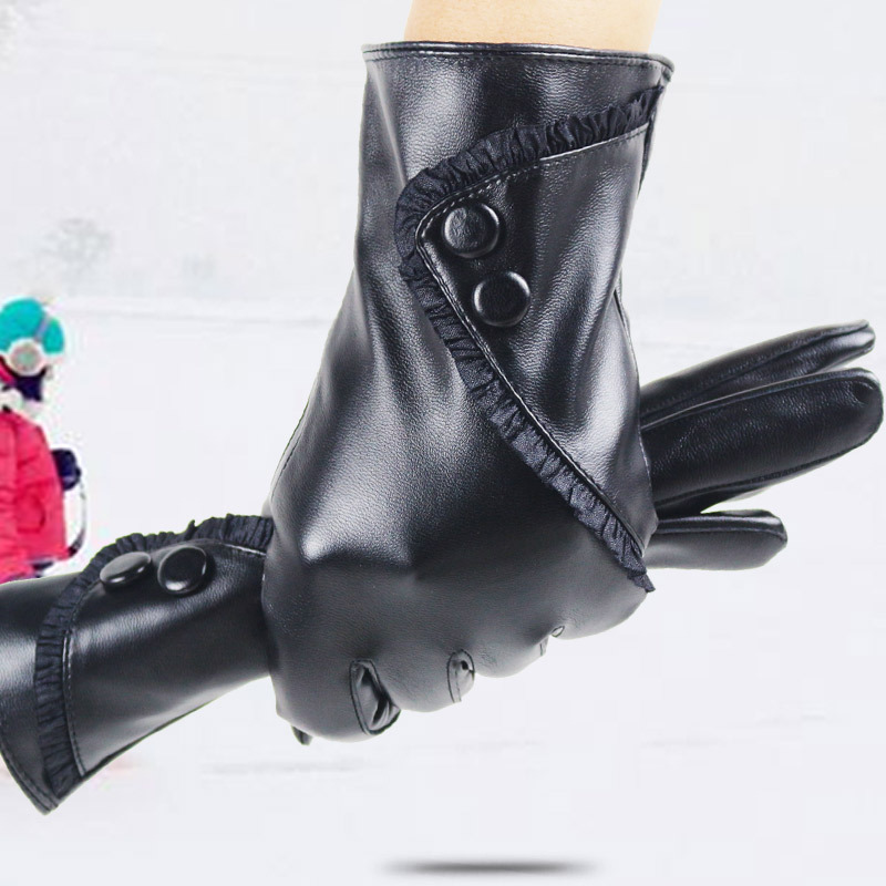 触屏皮手套女士秋冬季加绒保暖韩版时尚2扣设计骑行PU仿真皮手套