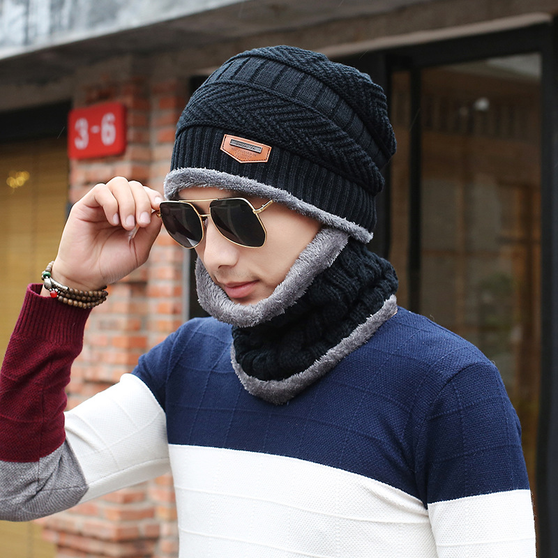 2023 winter new hat men‘s knitted woolen cap leisure warm scarf hat set factory wholesale