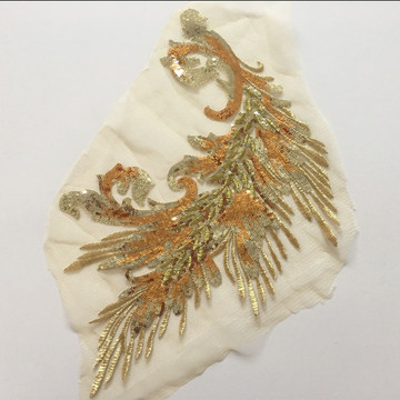 金色凤凰尾亮片网纱刺绣面料贴花修补衣服舞蹈补丁布贴旗袍辅料