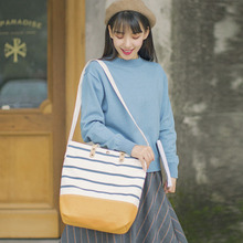 新款韩版女包帆布包包海军风条纹单肩背包潮流撞色托特包厂家批发
