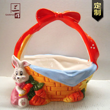可定制现代简约风白云土陶瓷收纳罐 手绘兔子造型水果鸡蛋收纳篮