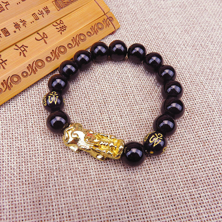 Running Rivers and Lakes Live Hot Sale Jewelry Imitation Obsidian Gilt Pixiu Bracelet Six Words Mantra Imitation Golden Pi Xiu Bracelet