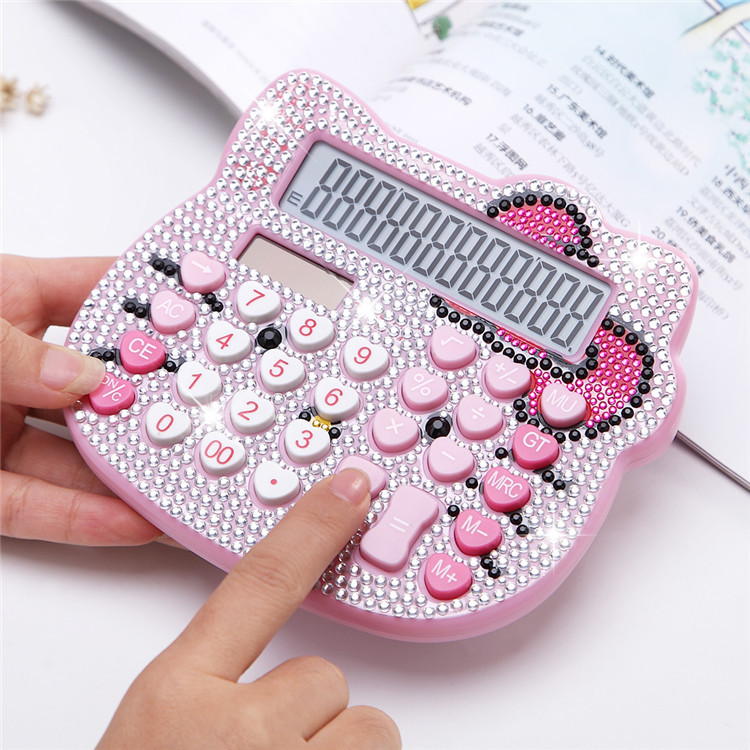 Hello Kitty Small Size Crystal with Diamond Calculator Bow Heart-Shaped Button Stick-on Crystals Solar Cartoon Diamond Computer