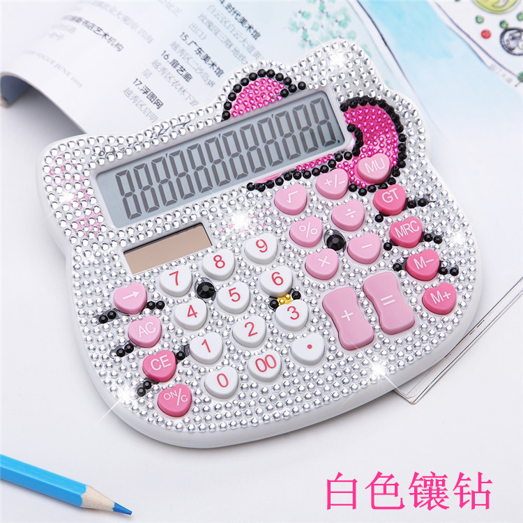 Hello Kitty Small Size Crystal with Diamond Calculator Bow Heart-Shaped Button Stick-on Crystals Solar Cartoon Diamond Computer