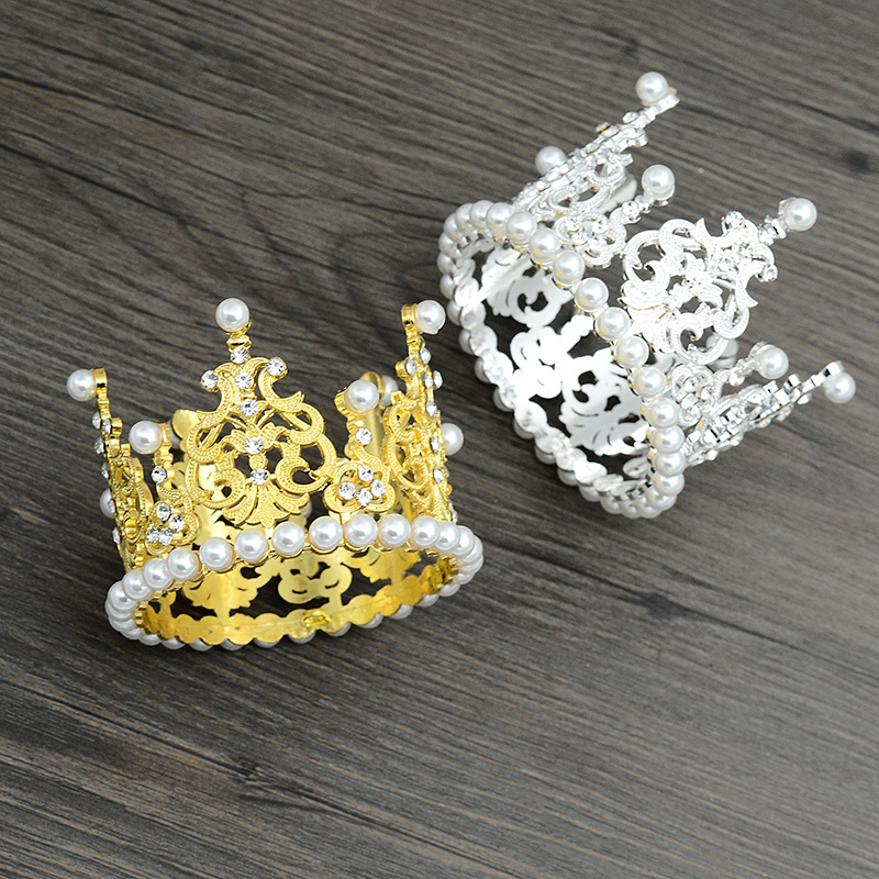 Europe and America Cross Border New Children's Alloy round Crown Bride Ornament Cake Baking Bright Pearl Crown Spot Batch