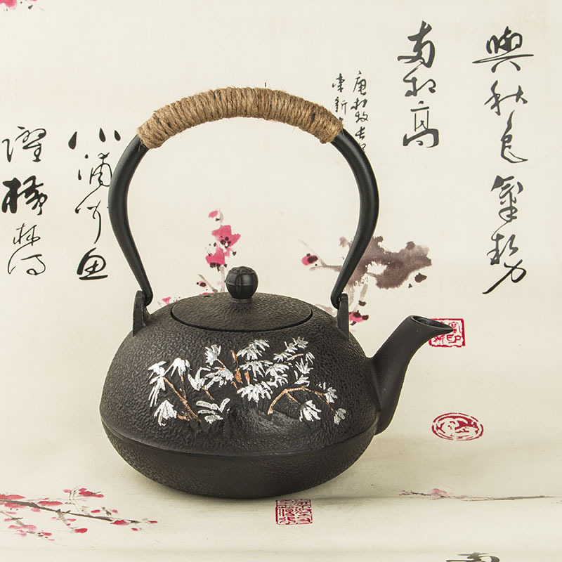 厂家直销瑞寿堂铸铁茶壶纯手工无涂层缠麻绳带滤网礼品铁壶套装