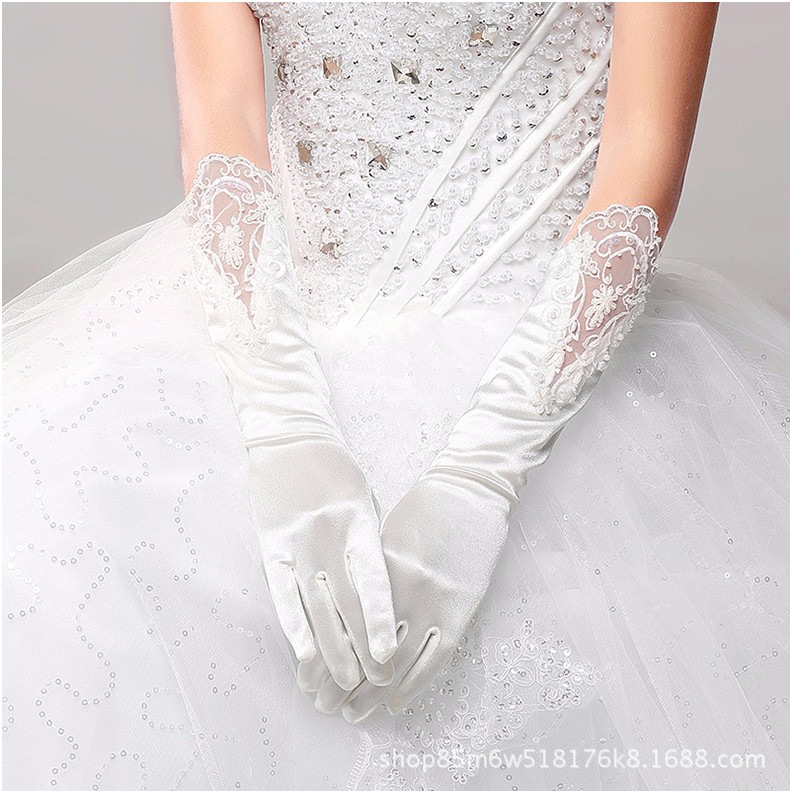 特价批发全指中长款缎面手套新娘结婚纱礼服配饰婚庆演出白色手套
