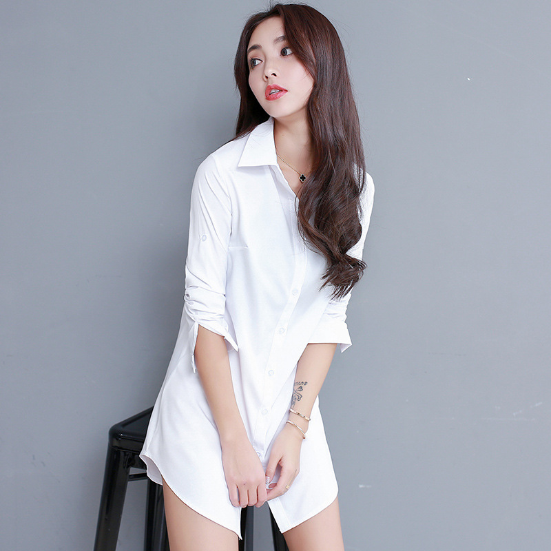 White Shirt Women's Mid-Length Korean Style Boyfriend Style Loose Sexy Pajamas Long-Sleeved Shirt Chiffon Base Shirt Dress Women Clothes