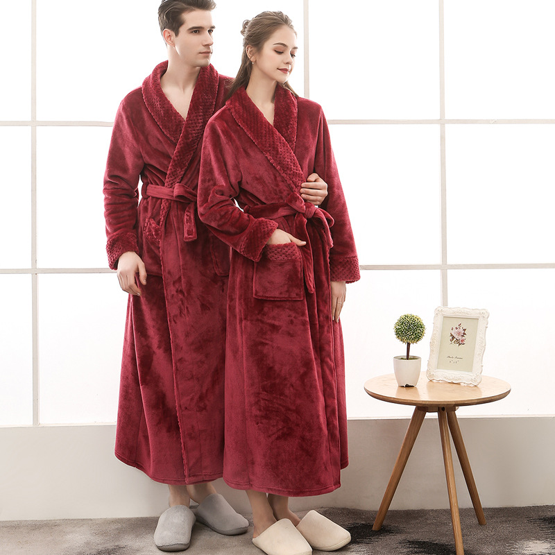 autumn and winter plus size flannel couple nightgown men and women babe cashmere stitching thickening lengthened bathrobe bathrobe