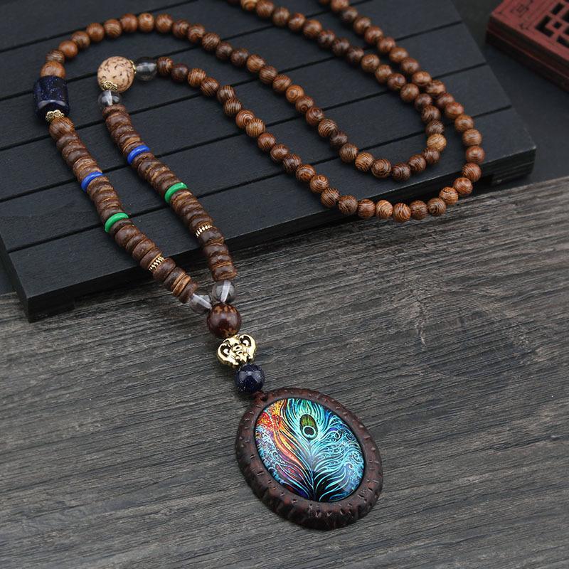 Ethnic Style Retro Long Wooden Sweater Chain Bodhi Pendant Wooden Bead Necklace Men's and Women's Cotton and Linen Pendant Accessories Wholesale