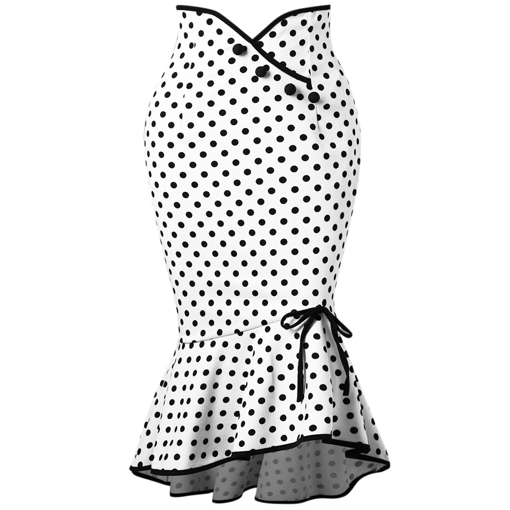 欧美爆款连衣裙 纽扣系带波点半身裙修身鱼尾裙