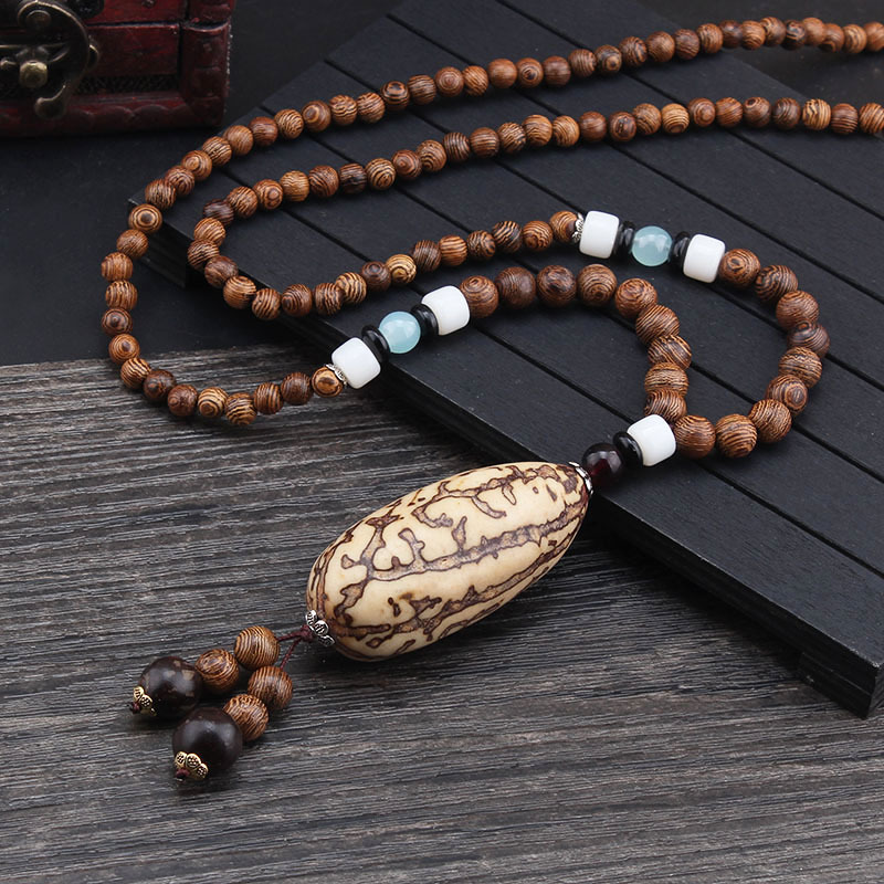 Ethnic Style Retro Long Wooden Sweater Chain Bodhi Pendant Wooden Bead Necklace Men's and Women's Cotton and Linen Pendant Accessories Wholesale