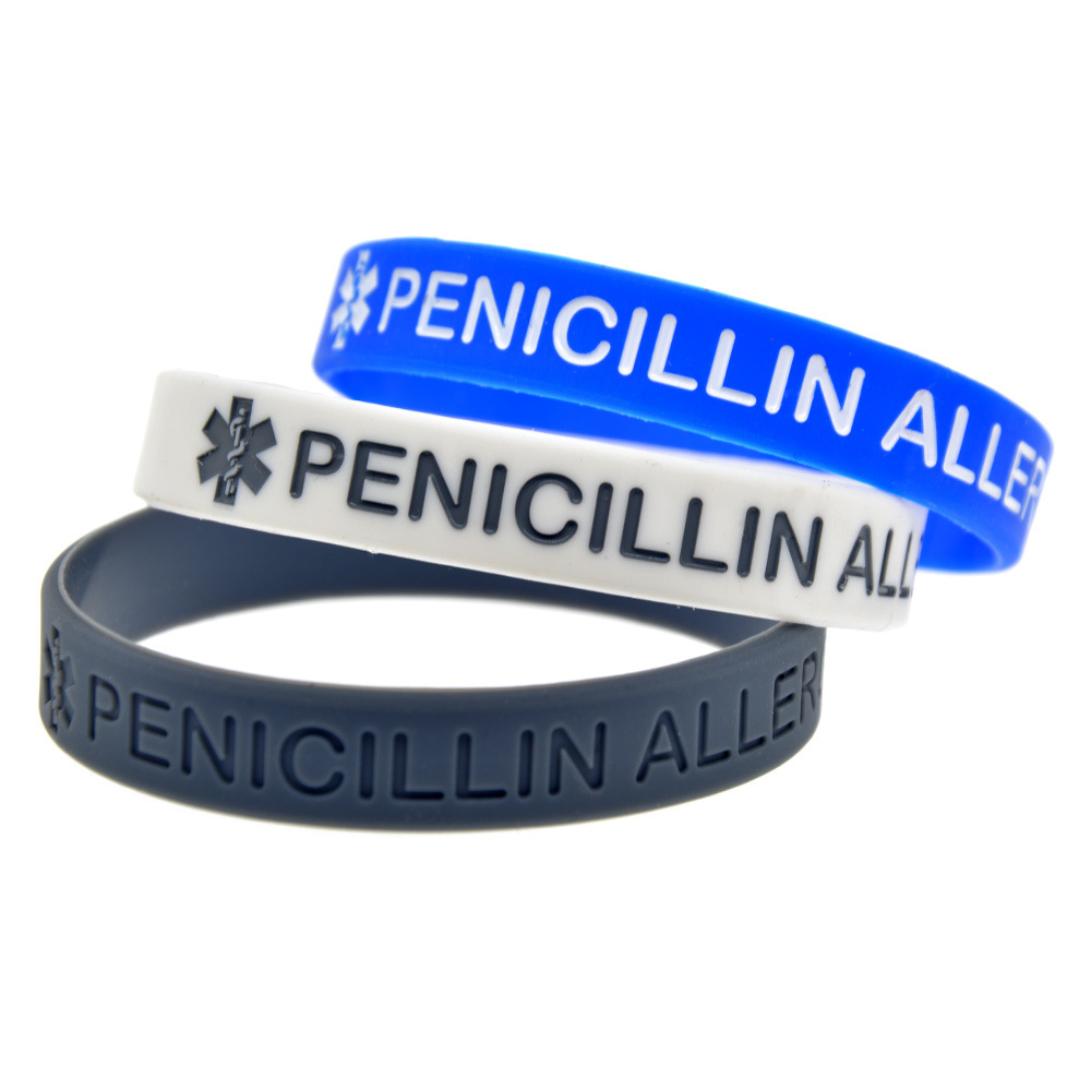 Medical Alert PENICILLIN ALLERGY硅胶手环警示语手腕带成人尺寸