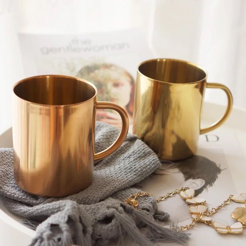 厂家批发供应不锈钢304镀铜马克杯双层隔热带手柄金色咖啡杯收纳