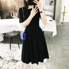 T2860 春夏新款韩版优雅显瘦高腰小黑裙 女士蓬蓬修身连衣裙