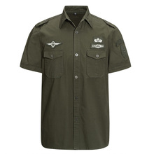 跨境夏季速卖通空军一号纯棉男式短袖衬衫军绿大码工装衬衣男半袖