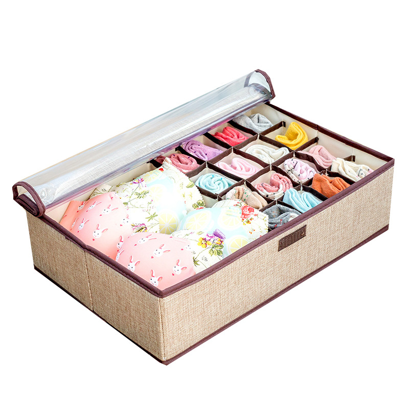 fabric cotton and linen underwear storage box multi-grid foldable bra finishing box covered panty socks storage box